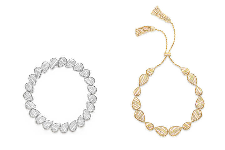 左／「セルパンボエム」ネックレス　価格未定[ホワイトゴールド、ダイヤモンド　2018年以降発売予定] 、右／「セルパンボエム」ネックレス　参考商品[イエローゴールド、ダイヤモンド]