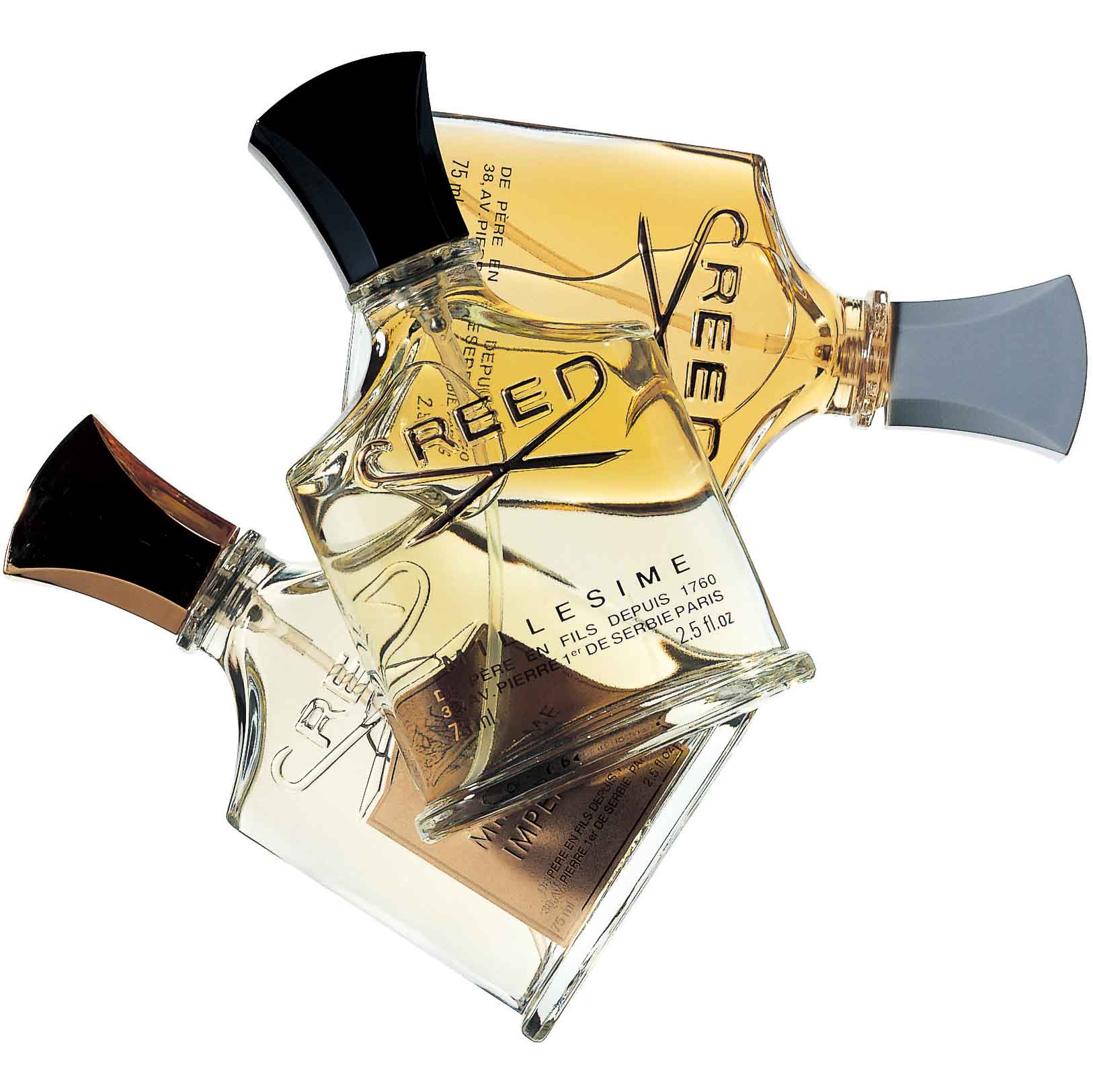 上から/クリードオードトワレロイヤルイングリッシュレザー ●75ml・オードパルファムグリーンアイリッシュツィード ●75ml・オードパルファムミレジムアンペリアル ●75ml(ブルーベル・ジャパン〈クリード〉)