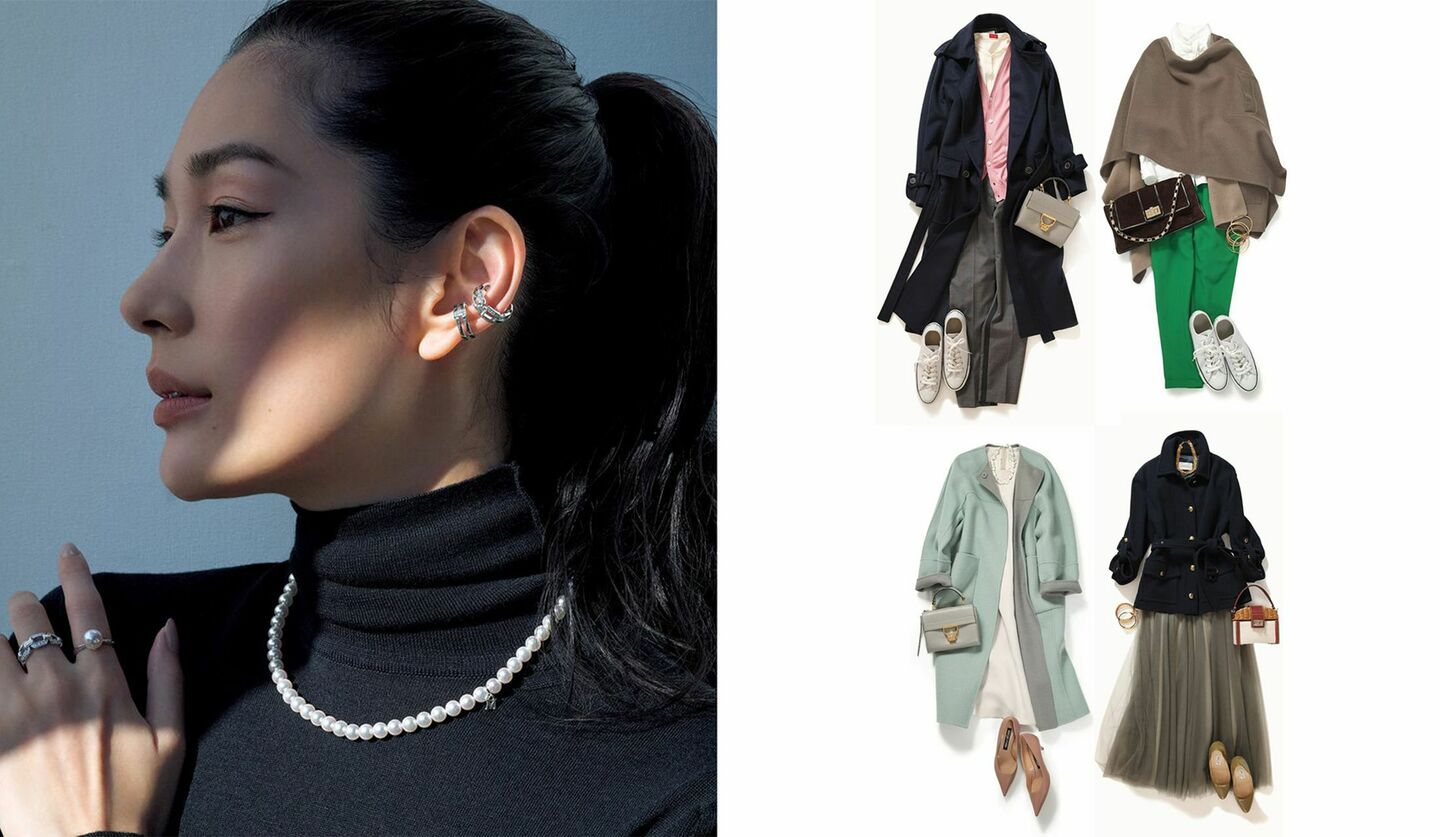 「ミキモト」のパールネックレスを着用した大塚まゆかさん、人気スタイリスト・望月律子さんが指南する「洗練アウター」コーディネート