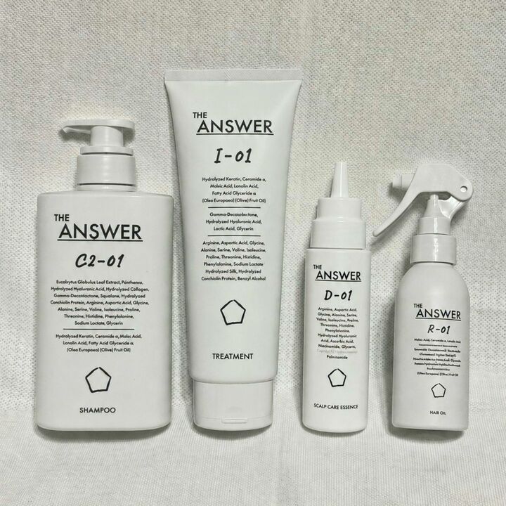 花王 THE ANSWER PROGRAM Plan A（4点セット） 左から、スーパーラメラシャンプー 400ml、EXトリートメント 220g、スカルプケアエッセンス 120ml、ヘアオイル 120ml 45日/￥9,900