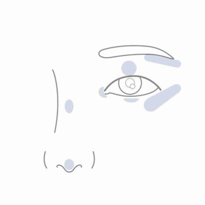 指にとったハイライトを黒目の上下と目頭にポンと置くだけ。鼻筋の最も低い部分と鼻の頭にもポン。頬骨の上と眉下にも直線的に入れます。