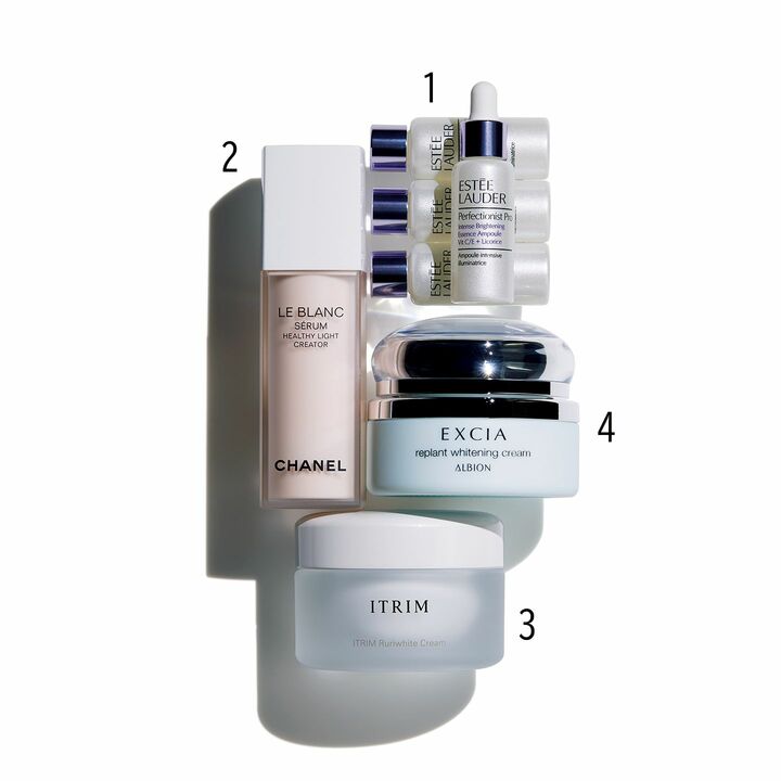 右中／アルビオン エクシア リプラント ホワイトニングクリーム 30g ￥22,000［医薬部外品］、下／ITRIM ルリホワイト クリーム 32g ￥26,400［医薬部外品］