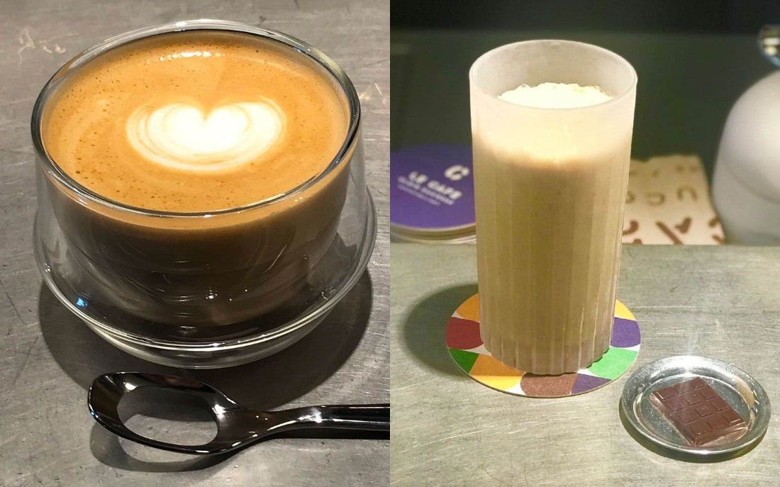 左/泡を壊さないようにスプーンは穴が空いている。「カプチーノ」€5 右/厳選したミルクを入れた「ラテ・グラセ」€6