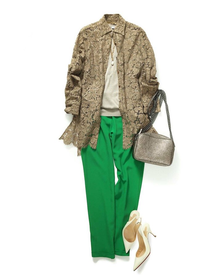 スタイリストの望月律子さんによるグリーンをテーマにしたコーディネート