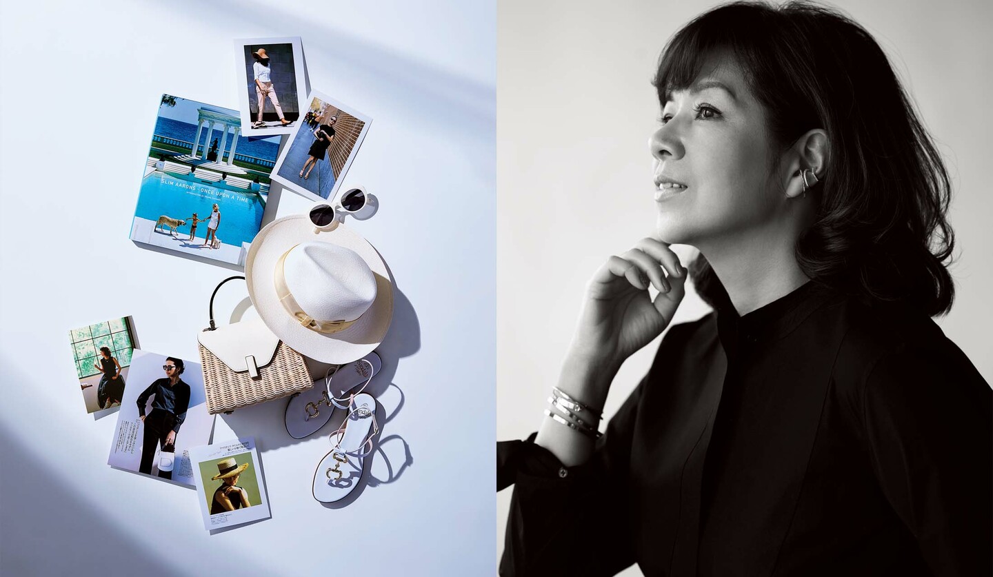 プロポのサングラス、ボルサリーノの帽子、ヴァレクストラのバッグ、イル サンダロ オブ カプリのサンダルとスタイリストの高橋リタさん