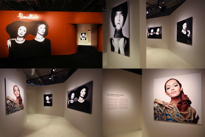 パリで開催中のポメラートの展覧会『ポメラート ― 革新のジュエラー』の告知ビジュアルと会場写真
