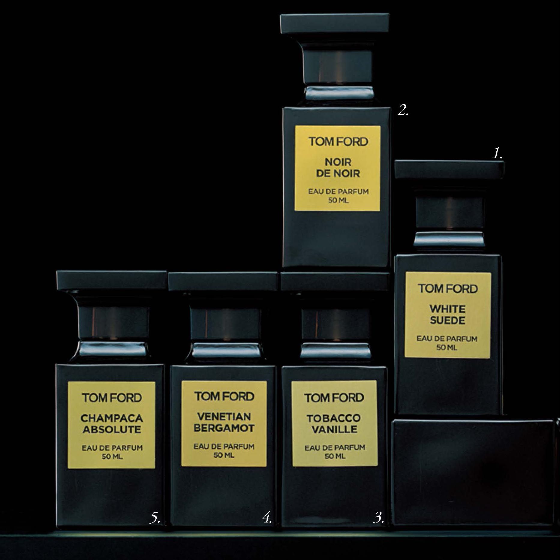 1.ホワイト スエード オード パルファム スプレィ●50ml ¥28,000・2.ノワール・デ・ノワール オード パルファム スプレィ 50ml ¥28,000・3.タバコ・バニラ オード パルファム スプレィ ●50ml ¥28,000・4.ベネチアン ベルガモット オード パルファム スプレィ ●50ml ¥28,000・5.チャンパカ・アブソルート オード パルファム スプレィ ●50ml ¥28,000(トム フォード ビューティ)