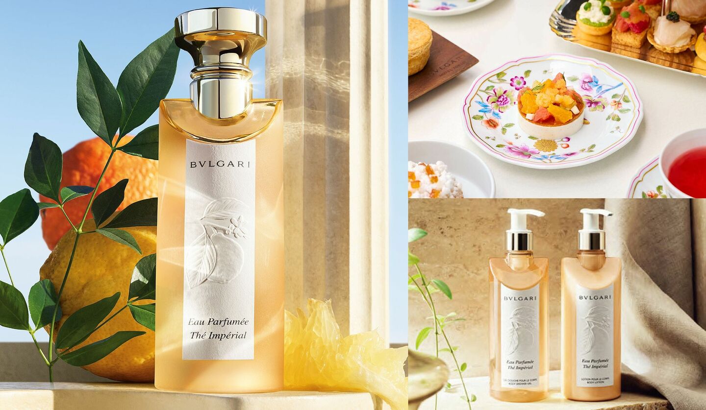 「ブルガリ ホテルズ＆リゾーツ」でのみ堪能できたフレグランス『オ パフメ テ インペリアル オードトワレ』とシャワージェル、ボディローション、さらに期間限定で提供されるアフタヌーンティーのデザートの画像