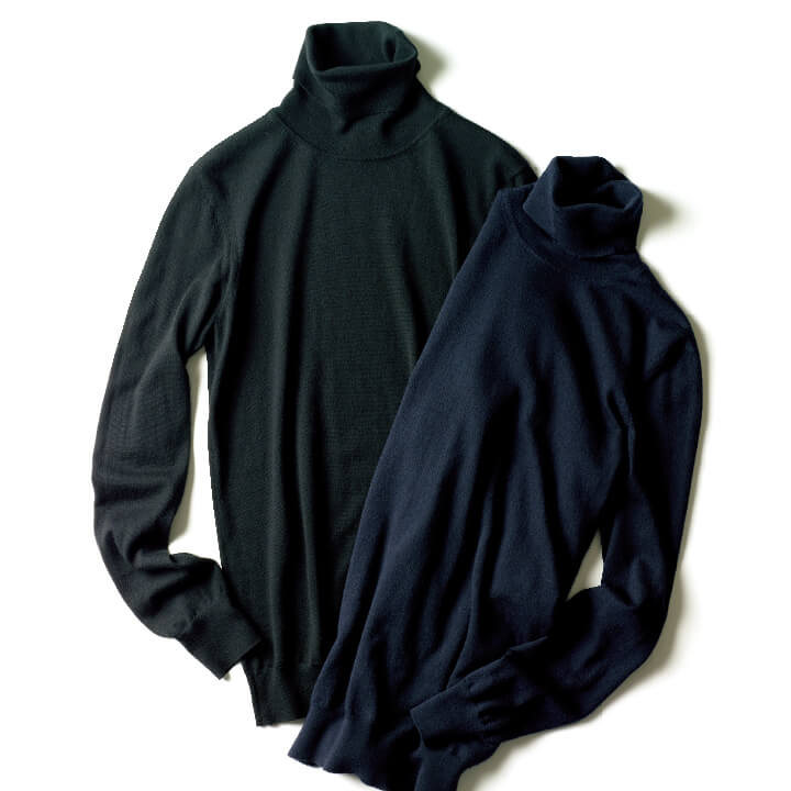 しなやかですっきりとしたラインは、ジャケットインなどレイヤードスタイルにも理想的。襟、袖口、裾の繊細なリブが着たときの凛とした表情の決め手。［カシミヤ］各￥117,000（ロロ・ピアーナ銀座並木通り本店）　[Precious2019年2月号130ページ]