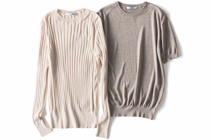 左から／長袖ワイドリブクルーネック￥30,000／女性専用モデルのため2サイズ展開・半袖天竺クルーネック￥25,000／5サイズ展開（スローン）　[Precious2019年6月号120ページ]