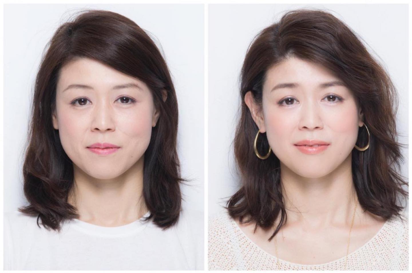 童顔に合わせた甘さのあるメイクから、洗練された印象の抜け感メイクに。グラデーションのピンク系アイメイクから、くすんだモーヴ単色アイメイクへシフトしたことで、目元がすっきりと洗練された印象に。
