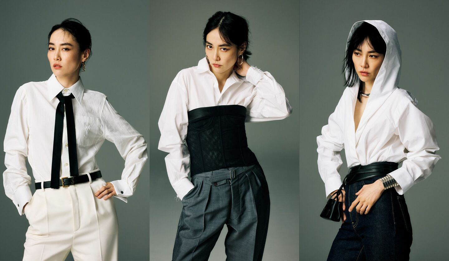俳優の菊地凛子さんが着こなす【モード感漂う美しい「白シャツ」コーデ】３スタイル