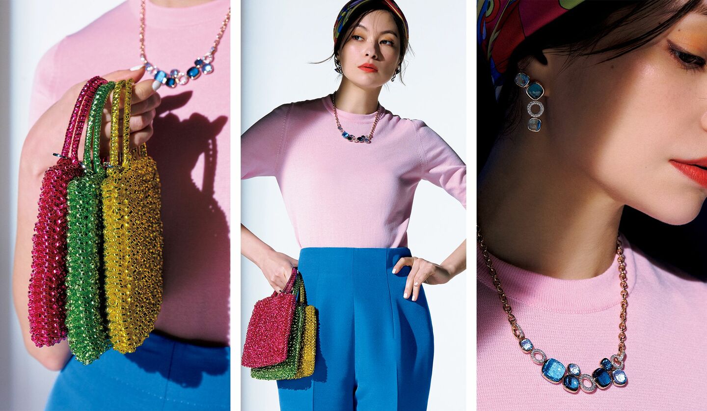 ピンクとブルーという色温度が対極にある配色が、洗練されたハッピー感を誘う。「ファビアナ フィリッピ」のニット・「プッチ」のスカーフ・「ミカコ ナカムラ」のパンツを着用した太田莉菜さん