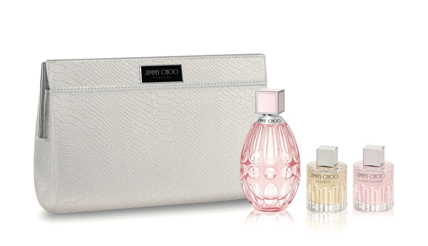 「ジミー チュウ ロー 限定キット」 ¥14,364 セット内容:「ジミー チュウ ロー オードトワレ」 90ml(現品)、「ジミー チュウ イリシット オードパルファム」 4.5ml、「ジミー チュウ イリシット フラワー オードトワレ」4.5ml、オリジナルクラッチバッグ