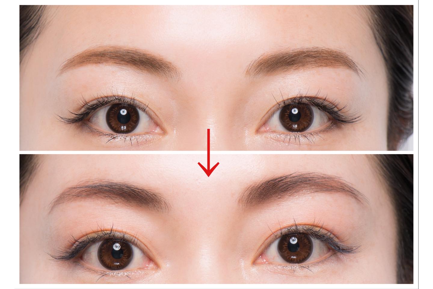 明るいブラウンだけを使用した眉は、描き足した部分に目立つばかりかのっぺりとして見える。ダークトーンで整えた上に明るいパウダーを重ねると、ナチュラルに仕上がり立体感も生まれる。