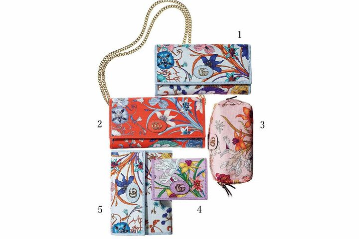1＆2.長財布￥96,000【縦10×横19×マチ3.5cm】・3 .ポーチ￥40,000【縦7×横15×マチ6.5cm】・4.ミニウォレット￥46,000【縦8.5×横11×マチ3cm】・5.ドキュメントケース￥57,000【縦12.5×横17×マチ2cm】※すべて日本限定発売（グッチ ジャパン）　［Precious2019年6月号207ページ］