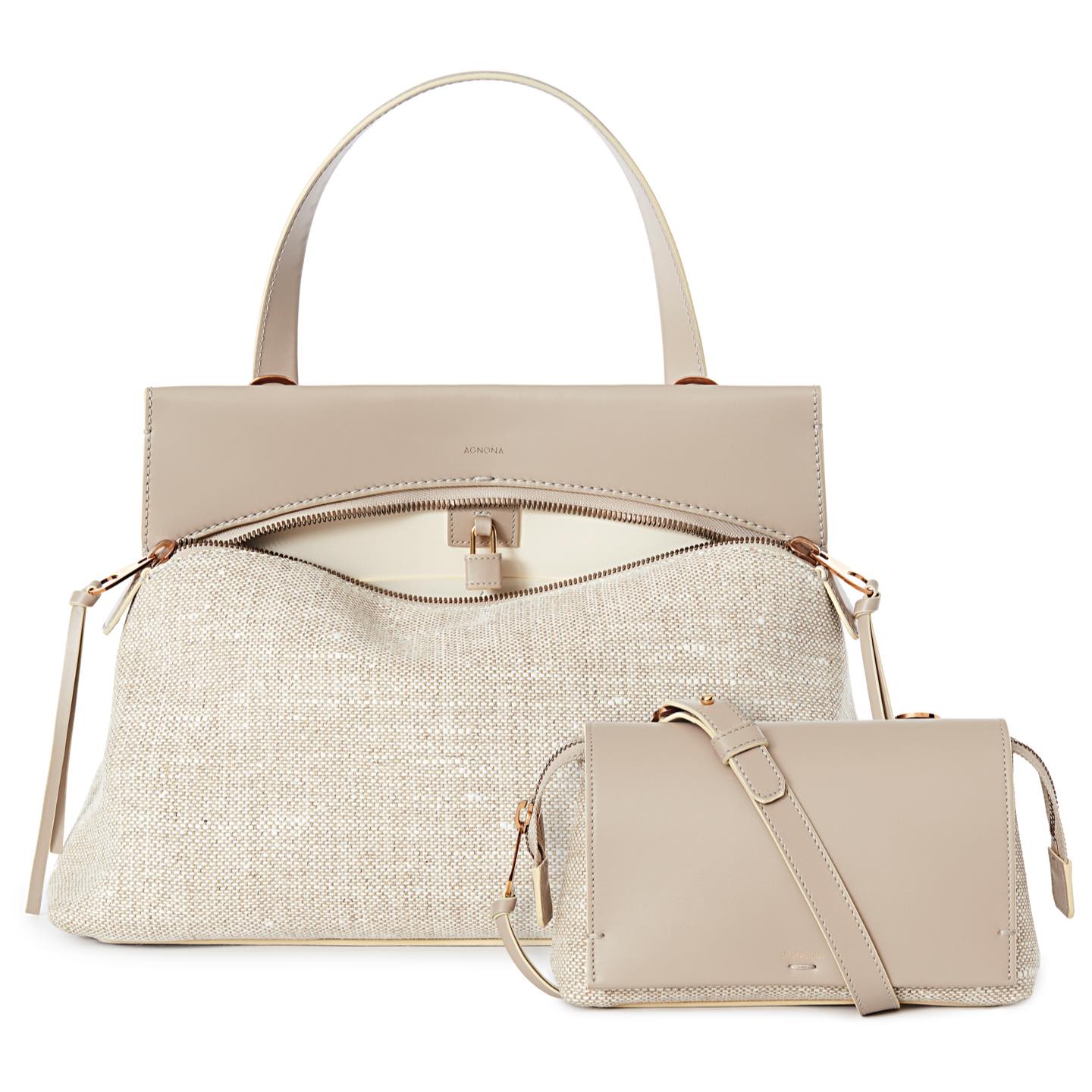 左から ハンドバッグ(リネン&ナッパ)【縦27×横42×マチ14cm】¥219,000・ショルダーバッグ(リネン&ナッパ)【縦14×横22×マチ8cm】¥183,000(税抜)