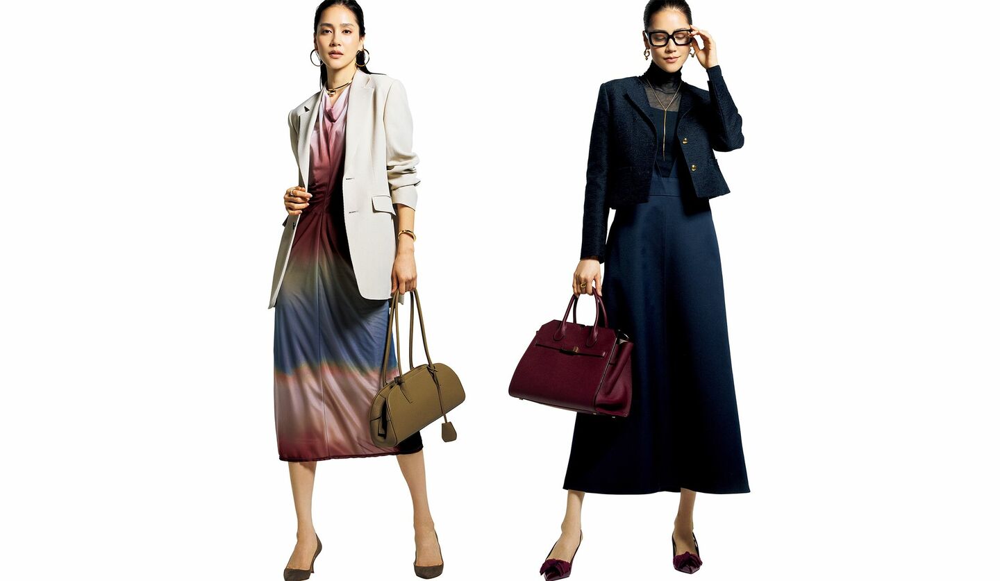 「エポカ」「オブリオ」のジャケットにワンピースを組み合わせたコーディネート