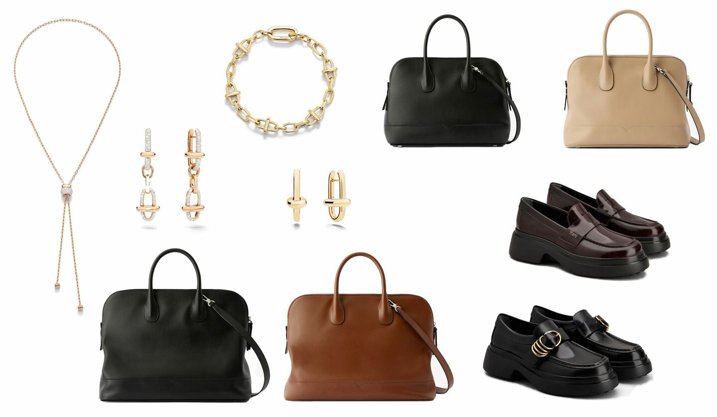 ポメラートのジュエリー、ヴァレクストラのバッグ、トッズの靴