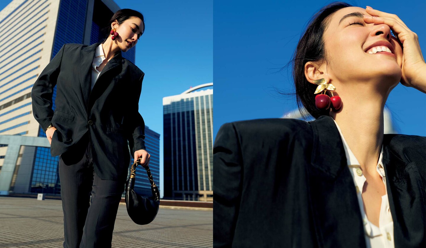 「サンローラン バイ アンソニー・ヴァカレロ」のジャケットを着用したモデルの立野リカさん