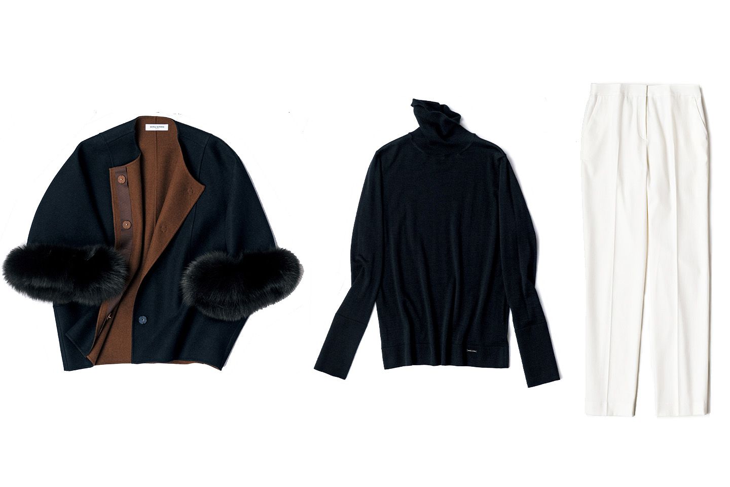 左から/ジャケット¥190,000・ニット¥55,000・パンツ¥39,000(コロネット〈ミラ・ショーン〉)※プレゼント品はすべてサイズ40