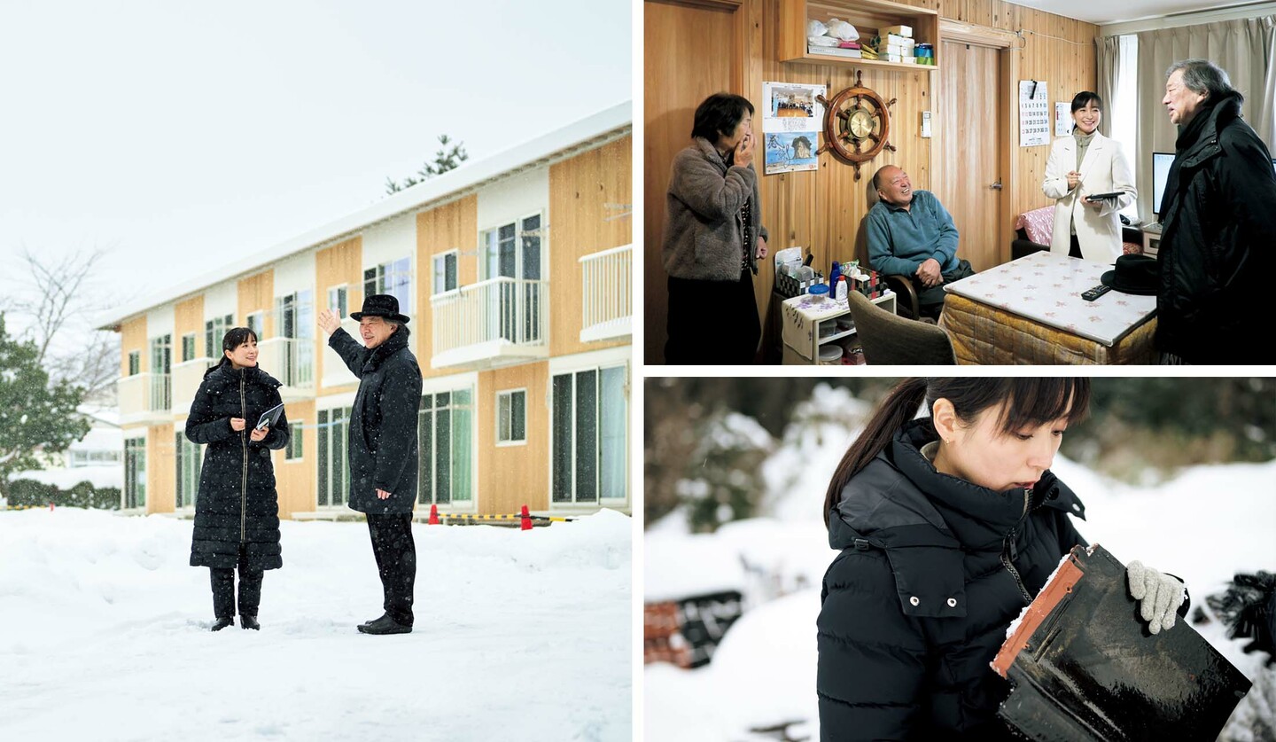 珠洲市見附島の仮説住宅を訪れたキャスター・大江麻理子さんと建築家・坂 茂さん