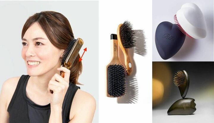 ヘアブラシで頭皮マッサージする女性