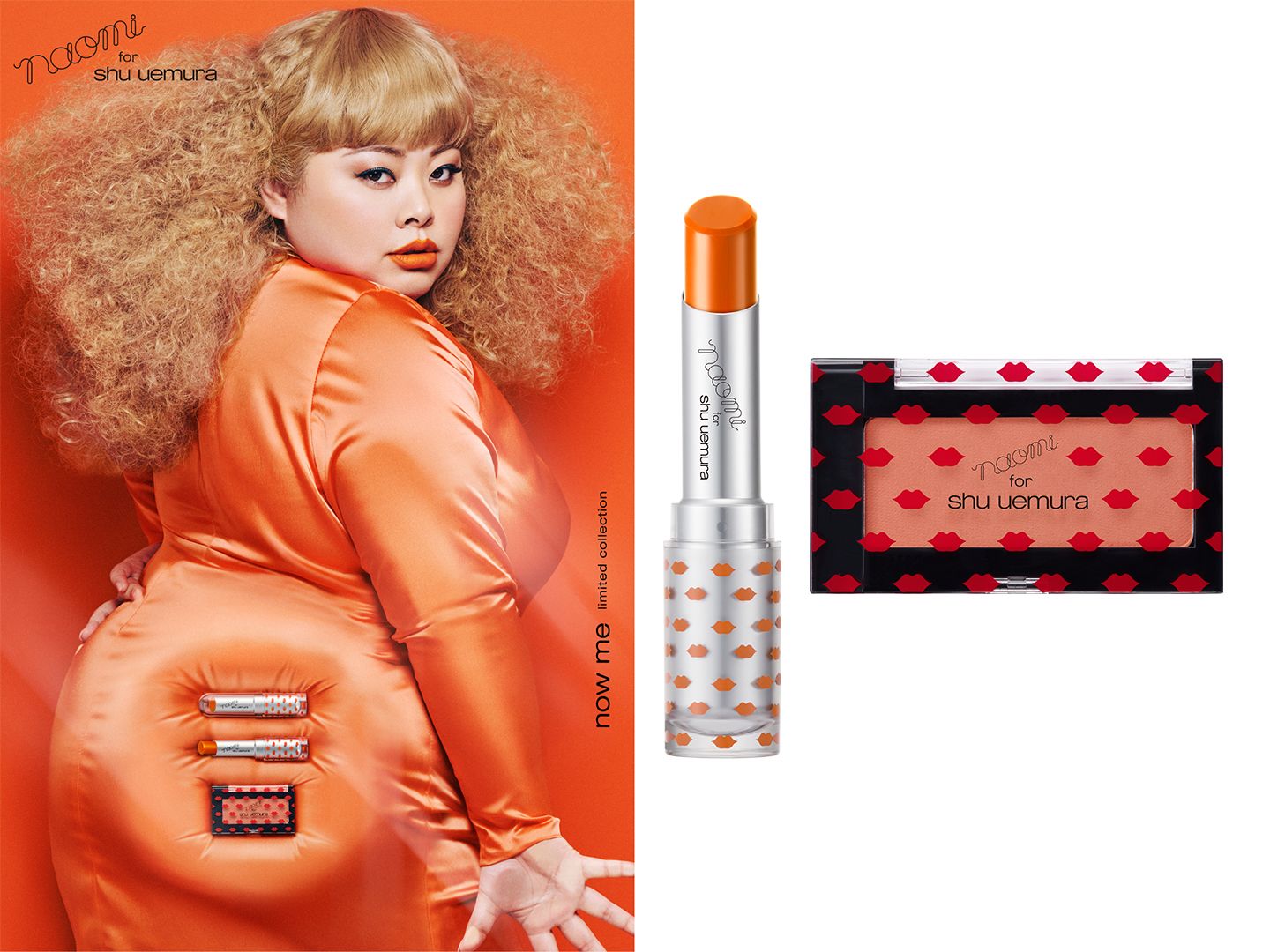 左/©naomi for shu uemura、右/シュウ ウエムラ ルージュ アンリミテッド マット M OR 01 ¥3,200、グローオン F M ミディアム アンバー(レフィル) ¥2,500 *カスタムケース ¥700(2019年7月20日限定発売)