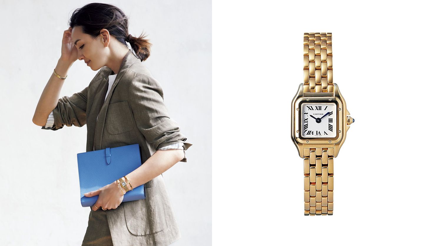 カルティエの時計と、その時計を身に着けた女性の写真。
