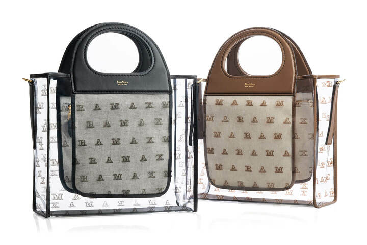 MaxMaraGram バッグ（阪急うめだ本店限定）￥45,000［本体 ロゴ柄PVC / ハンドル・ショルダー部分カーフレザー　縦27×横39×マチ12cm　ブラック、ブラウンの全2色展開］（マックスマーラ ジャパン）