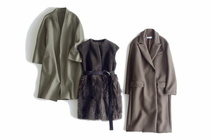 左から／コート￥148,000（オルドス ファッション ジャパン）、ジレ￥210,000（TOMORROWLAND〈BLANCHA〉）、コート￥145,000（showroom SESSION〈サヤカ デイヴィス〉）[Precious2019年1月号125ページ]