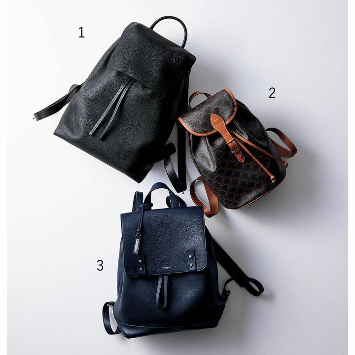 PCなどを入れるのに便利なスクエアシルエットで、縦横ともに、大きめサイズの実力派。細かなシワが入ったようなグレインドカーフスキンが、落ち着いた味わいと、扱いやすさをかなえる。リュック［縦40.5×横31.5×マチ14㎝］¥290,000（ロエベ）、シックな『トリオンフ キャンバス』とカーフの組み合わせが、クラシカルでタイムレスな存在感を放つ。程よいサイズでオンにもオフにも活躍。リュック［縦30×横23×マチ16㎝］¥195,000（セリーヌ ジャパン〈セリーヌ バイ エディ･スリマン〉）、メンズラインながら、女性の装いに合う、ソフトなシルエットとやわらかなカーフの風合い。フラットなショルダーストラップで、肩への当たりも優しい。リュック［縦37.5×横29×マチ14㎝］¥230,000（サンローラン〈サンローラン バイ アンソニー・ヴァカレロ〉）