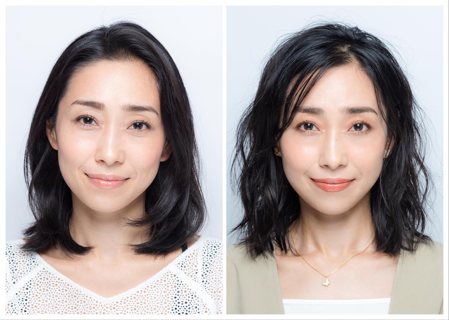 ツヤ感不足で平坦なイメージのセルフメイクから、ツヤを効かせたメリハリとフレッシュさのある長井メイクへ。