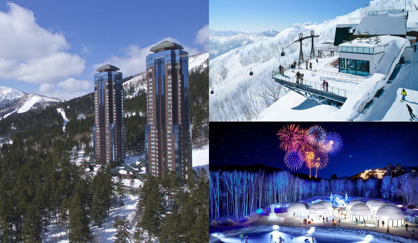 「リゾナーレトマム」の外観と「霧氷テラス」と「アイスヴィレッジ」