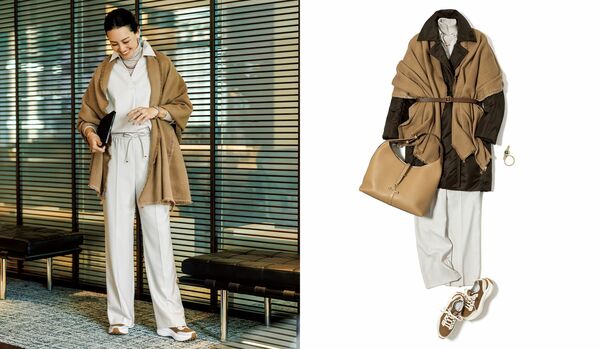 寒暖差に負けない「室内中心の日」のワーキングスタイル｜外でも中でも使える薄手ストールで、着こなしに奥行きを