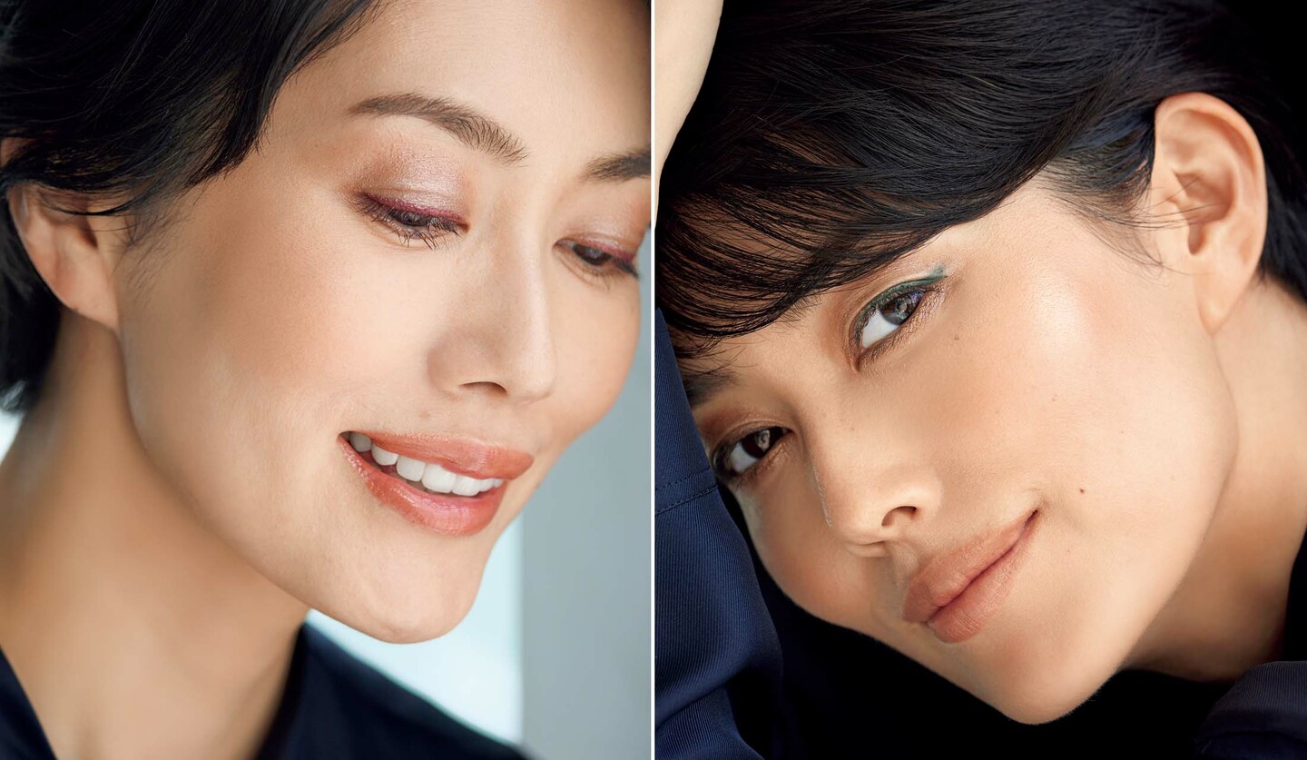 カラーアイライナーで目元をメイクしたモデルの松田珠希さん