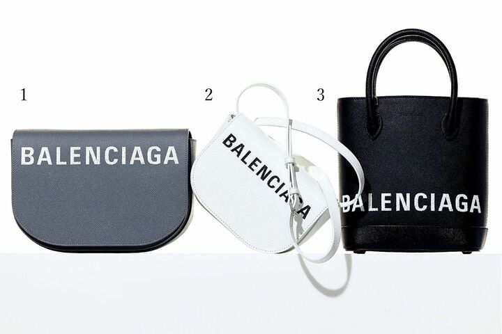 1.「ヴィル デイ バッグ S」￥177,000／ストラップ付き【縦18×横24×マチ8cm】・2.「ヴィル デイ バッグ XS」￥145,000【縦12×横18×マチ6cm】・3.「ヴィル トート XXS」￥177,000／ストラップ付き【縦21.5×横21.5×マチ10cm】（バレンシアガ）　[Precious2019年4月号279ページ]