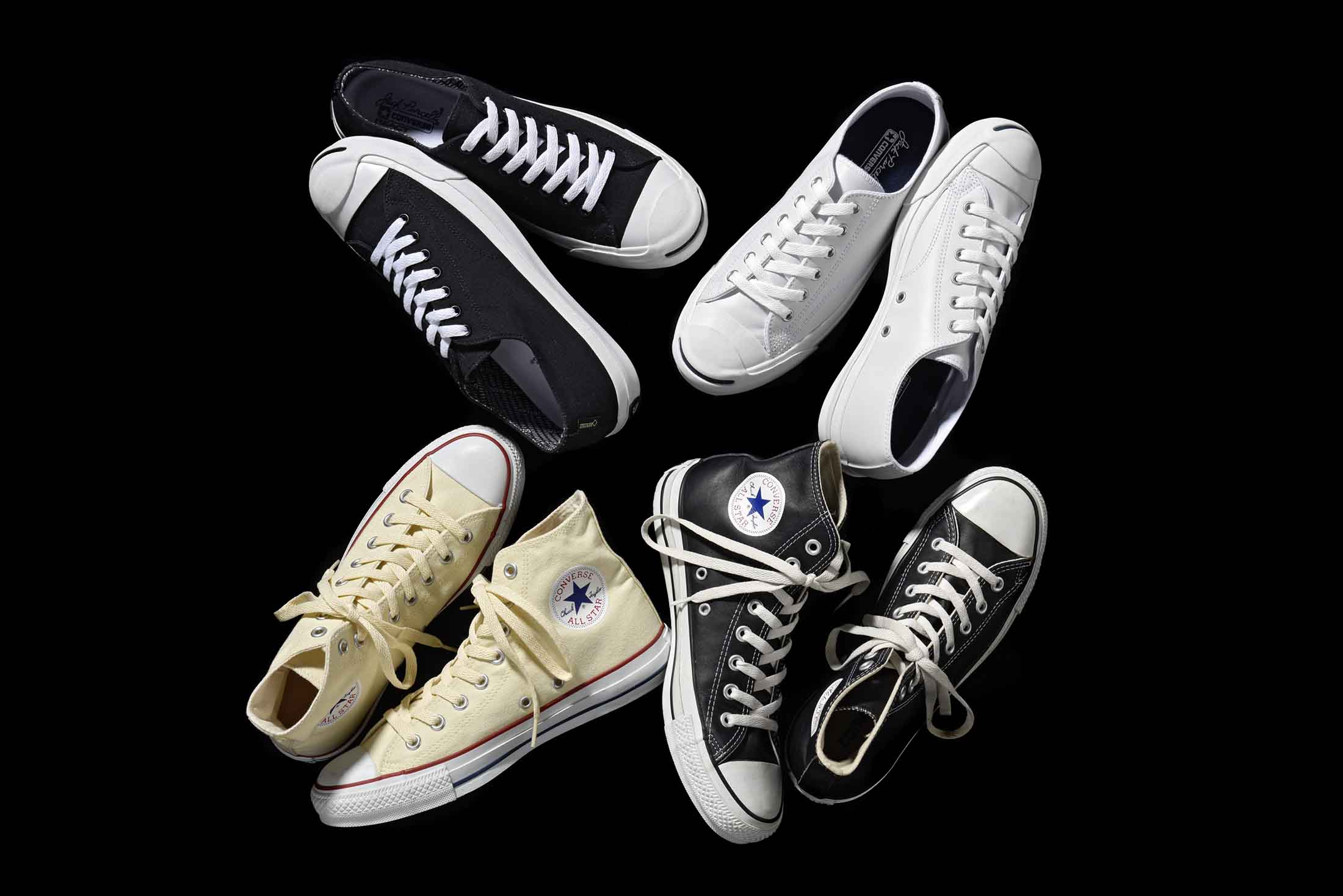 左上から時計回りにジャックパーセル ゴアテックス®︎ R¥15,000・LEA ジャックパーセル¥9,500・LEA オールスター HI¥9,500・キャンバス オールスター HI¥5,800(コンバースインフォメーションセンター)