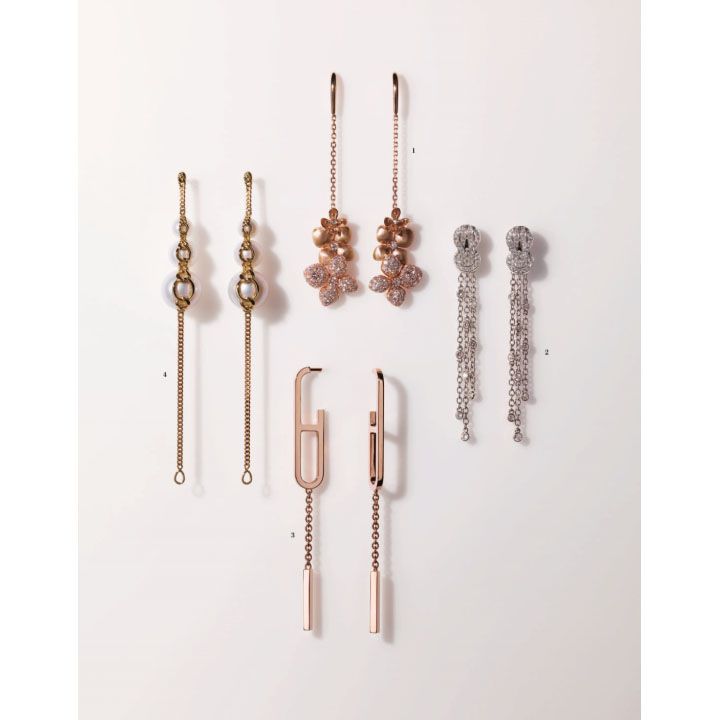 1.『オルタンシア アストル ドール イヤリング』［ピンクゴールド×ダイヤモンド］￥1,410,000（ショーメ）、2.『エイト デグリー ゼロ』ピアス本体［ホワイトゴールド×ダイヤモンド］￥486,000・チェーン［ホワイトゴールド×ダイヤモンド］各￥138,000（フレッド）、3.『エヴァー·シェーヌ·ダンクル』ピアス［ピンクゴールド］￥406,000（エルメスジャポン）、4.『ストレッチド』ピアス［イエローゴールド×淡水真珠］￥370,000（TASAKI〈M/G TASAKI〉）　[Precious2018年7月号93ページ]