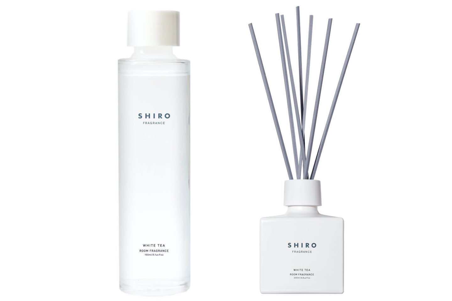 SHIRO ルームフレグランス レフィル(ホワイトティー) 150ml ¥3,000、ルームフレグランス(ホワイトティー) 200ml ¥4,200 *レフィル、ルームフレグランスともに、スティックが付属しています