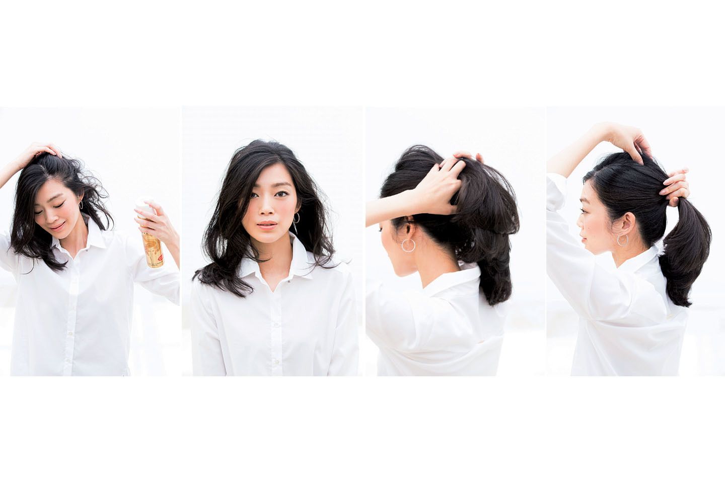 (手順は左から右へ)
・ふんわりとしたボリューム感を出すために、サイドや襟足の根元に、内側から全体にまぶすようにざっとハードスプレーをかけていきます。
・髪をまとめる前の下準備が完了した状態。このくらい、立ち上がりやふんわりしたボリューム感を出すことが大前提です。
・手指を大きく開き、手グシでサイドから後ろへザクッと髪をひとまとめにする。まとめる位置は、耳上の延長線上から指2本分上の位置がベストです。
・まとめた髪を片手で押さえながら、もう一方の手で、トップの毛束を上に引き上げボリュームを出す。形が決まったらゴムで結びましょう。