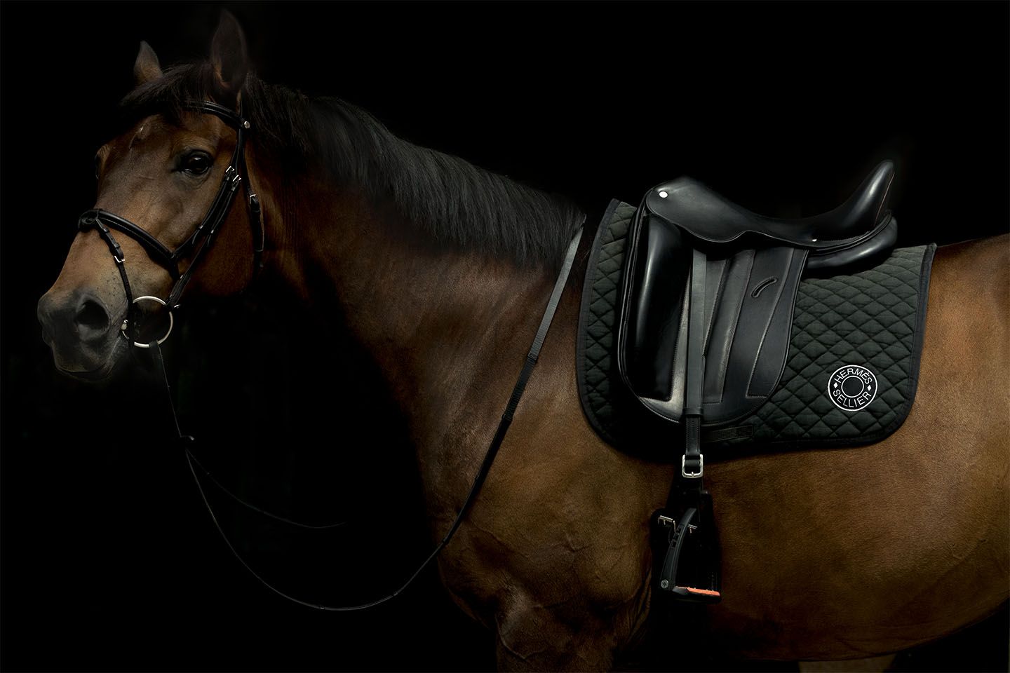 エルメスのルーツである鞍。サドルステッチという特別な鞍の縫い方はレザー製品にも生かされている。鞍下ゼッケンには、鞍工房を象徴する「クルー・ド・セル」のモチーフが誇り高くあしらわれて。