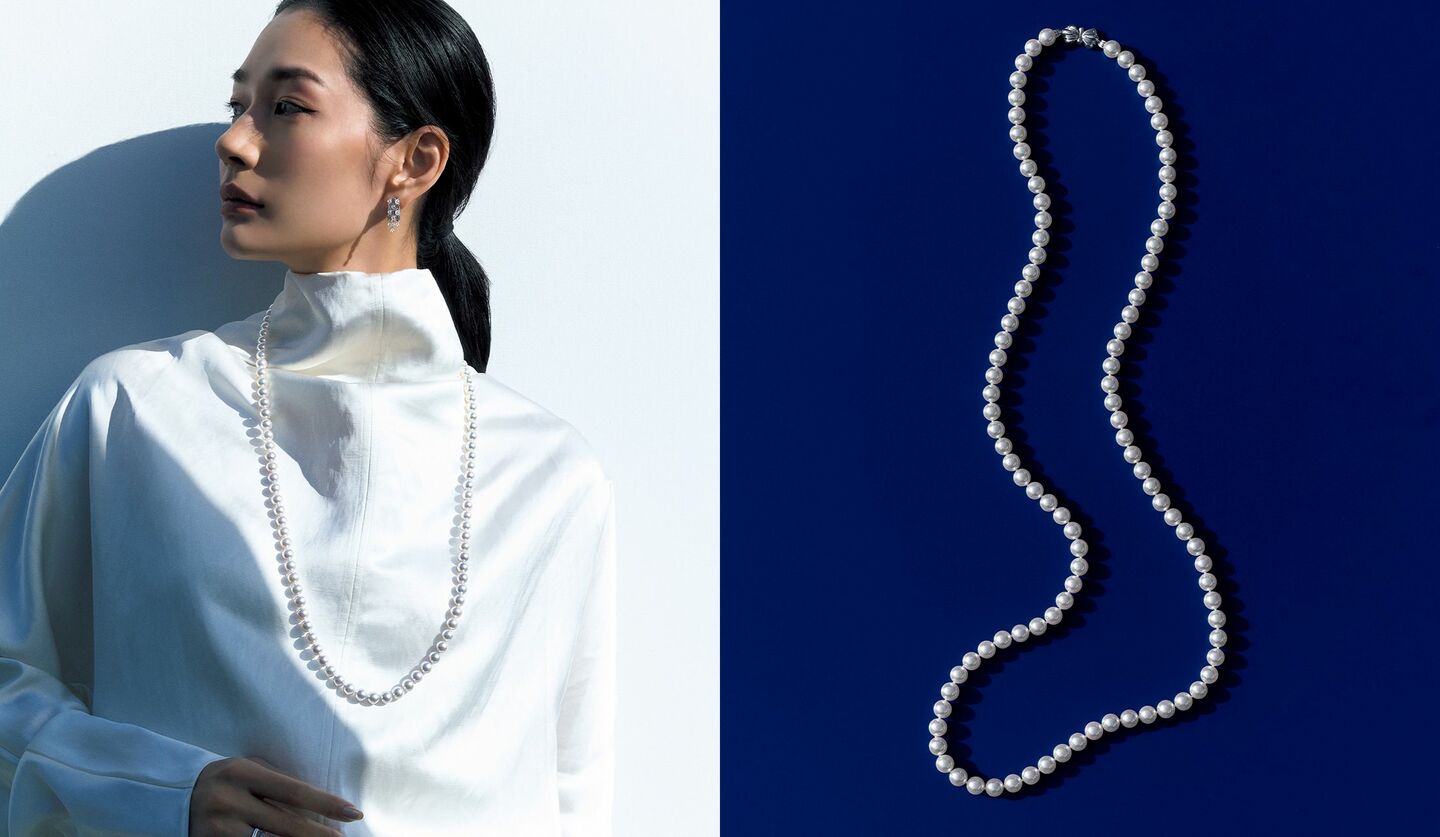 和光のパールネックレスと着用したモデル