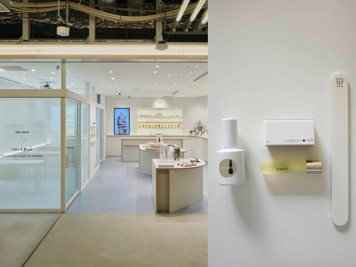 uka store / Care & Share（高輪ゲートウェイ ニュウマン高輪 North 2F） セルフネイルシェア ネイルケア編 所要時間90分 ￥11,000　写真右／ワークショップで持ち帰れるネイルケアグッズ4品