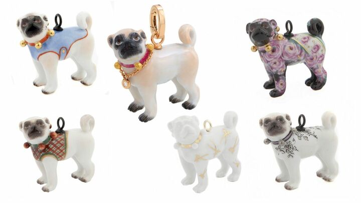 上段・左から/ペンダント パグ(ライトブルー)¥150,000、ペンダント パグ(ダイヤモンド)補助リング付き¥180,000、ペンダント パグ(バラ)¥230,000