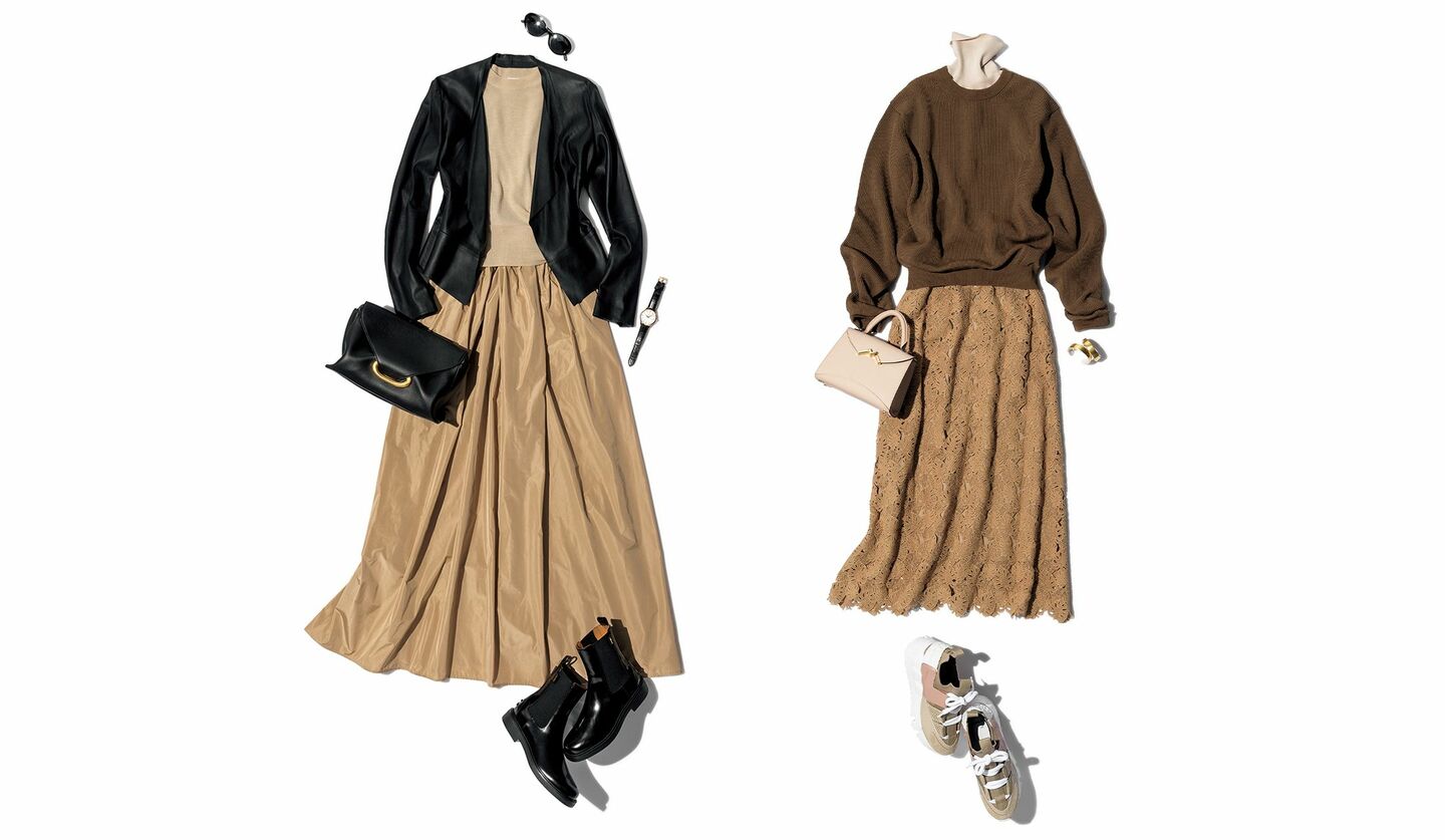 スタイリストの大西真理子さんによるベージュスカートのコーディネート2種