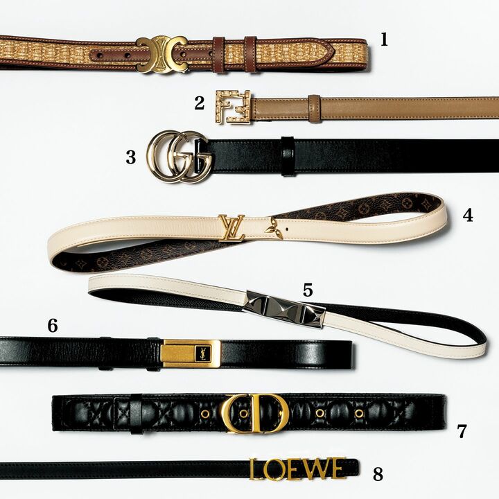 1 ￥88,000／予定価格（セリーヌ ジャパン〈セリーヌ バイ エディ・スリマン〉）、2 ￥75,900（フェンディ ジャパン）、3 ￥72,600（グッチ）、4 ￥78,100（ルイ・ヴィトン）、5 ［ベルト本体］￥68,200・［バックル］￥68,200（エルメスジャポン）、6 ￥123,200（サンローラン〈サンローラン バイ アンソニー・ヴァカレロ〉）、7 ￥110,000（クリスチャン ディオール〈ディオール〉）、8 ￥79,200／予定価格（ロエベ ジャパン） 
