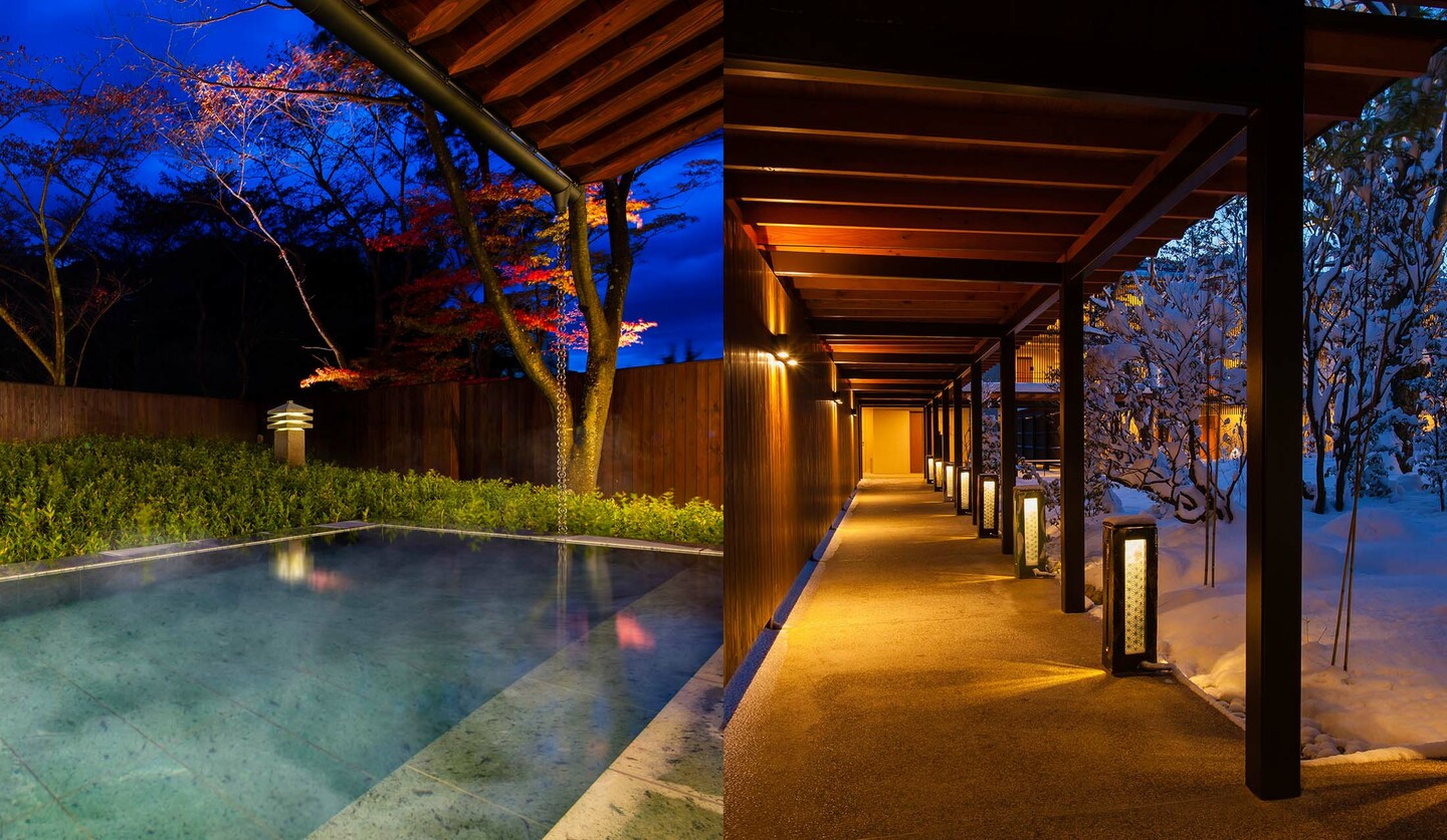 「界 鬼怒川」の温泉と中庭の回廊の写真