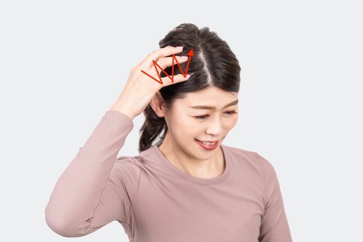 側頭部から頭頂部へジグザグに引き上げる