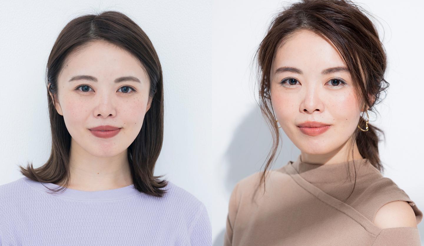 目元をほんのり彩る寒色を使用したアイメイクで、甘さが緩和されてキリッと知的な印象に。目尻のみに入れたアイラインとベージュ系のリップによる引き算で、上品さとこなれた感もプラス。